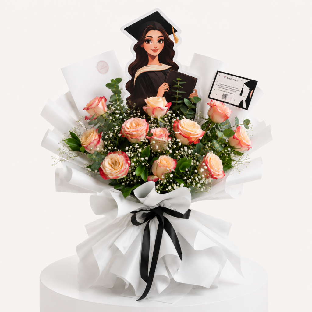 Pink Rose Graduation Bouquet – White Wrap